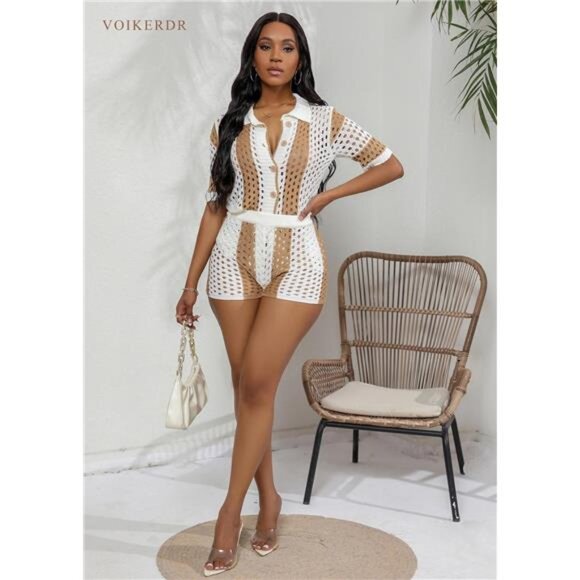 Women's 2-Piece Knitted Shorts Set‎ -Beach Vacation Outfit, Short Sleeve Summer - Picture 4 of 7